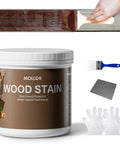 A Super Slick Water Based Wood Stain And Sealer In One Dark Oak Shade With Complete Brush Kit being applied to wood.