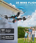 Beginner Friendly 1080P Foldable Drone With Light, Stable Altitude Hold, flying outdoors, family watching in background