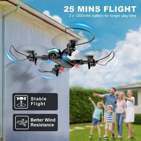 Beginner Friendly 1080P Foldable Drone With Light, Stable Altitude Hold, flying outdoors, family watching in background