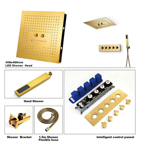 Badass Gold Thermostatic Shower System With Dope 40X40CM LED Ceiling Mount Rainfall And Waterfall Head solid brass hand shower and control panel