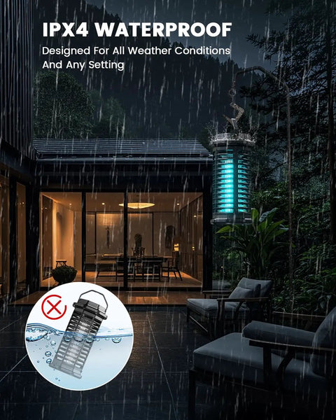 Outdoor Mosquito Zapper Electric Bug Killer 4200V With 15W UV Light, IPX4 Waterproof, shown in rainy yard setting