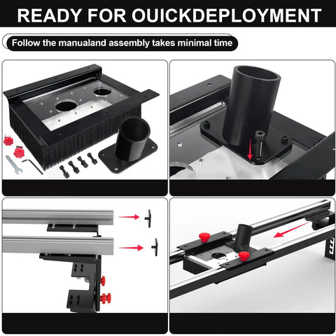 Dust Collection Hood For Slab Flattening Router Slide shown with carbon steel frame and assembly tools
