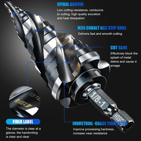 Close-up of Four Spiral Flute M35 Cobalt Step Drill Bit showing grooves, fiber label, and industrial-grade TiAlN layer.