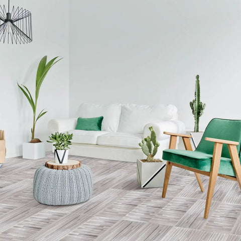 Living room with No Fuss Peel And Stick Wood Grain Vinyl Floor Tiles 12 By 12 Inch 48 Pack Waterproof Self Adhesive Flooring.
