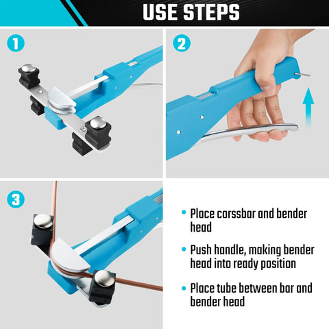 Step-by-step instructions for using Duratech Heavy Duty Ratcheting Tube Bender Kit with pipe cutter, showing setup and operation.