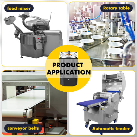 Heavy Duty 250W AC Gear Reducer Motor With Gearbox And Bracket, Adjustable 0 To 270 RPM, shown with food mixer, rotary table, conveyor belts, automatic feeder