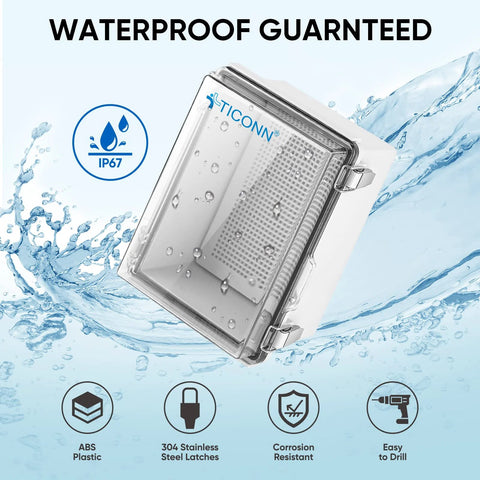 TICONN outdoor waterproof junction box with clear hinged cover, IP67 ABS plastic enclosure front view