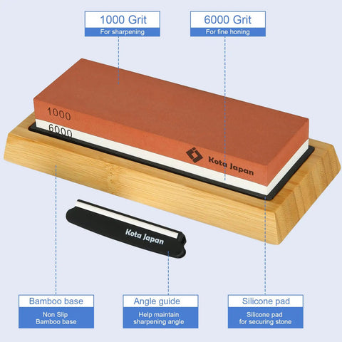 Dual Grit Knife Sharpening Whetstone With Bamboo Base And Blade Guide, 1000 Grit Coarse Side And 6000 Grit Polishing Side set