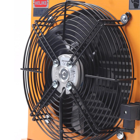 Close-up of Hydraulic Oil Cooler Fan 60W 110V Industrial Heat Exchanger with precise welding and durable high flow fan.