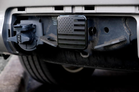 2 Inch Trailer Hitch Cover Plug With Metal American Black Flag Universal Fit For Any 2 Inch Hitch Receiver on vehicle