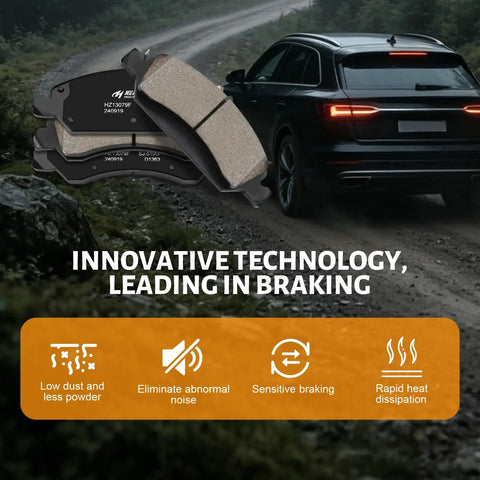 Ceramic Front Brake Pad Set For Cadillac Escalade ESV EXT XTS And Chevrolet Avalanche Silverado shown on a road