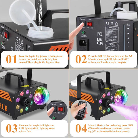 Powerful 600W Fog Machine With Disco Ball And 13 Color LED Lights For Halloween Parties Weddings And DJs setup instructions