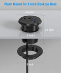 2 Inch Desk Power Grommet Outlet installed in desktop showing dimensions, with 20W USB C Fast Charging and USB A QC3.0, ETL Listed.
