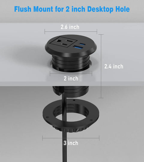 Flush mount installation for 2 inch desktop hole showing 20W USB-C and QC3.0 ports for a clean workspace.