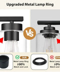 Comparison of upgraded metal lamp ring design for the Top Shelf Four Light Bathroom Vanity Fixture with clear glass shade.