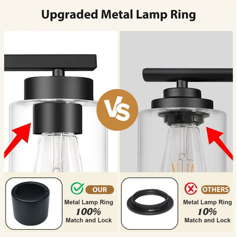 Comparison of upgraded metal lamp ring design for the Top Shelf Four Light Bathroom Vanity Fixture with clear glass shade.