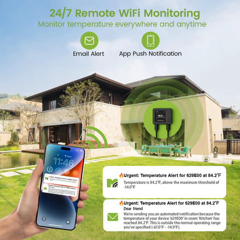 WiFi Fridge Thermometer With Freezer Alarm, Digital Temp Sensor, app notifications, email alerts, remote monitoring display