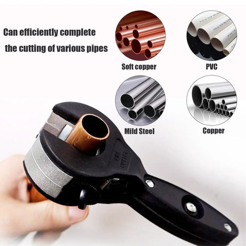 Ratcheting Tubing Cutter For Tight Spaces One Quarter To Seven Eighths Inch Two In One Close Quarters Tube Cutter For PVC PPR And Plastic Hoses Includes Gloves shown cutting copper pipe.