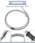 55.12 Inch Stainless Steel Braided Motorcycle Brake Line With 10mm ID 28 Degree Banjo Ends For ATV Motocross And Sport Bikes Hydraulic Brake Hose Silver Tone, showing materials in stainless steel, nylon, PVC.
