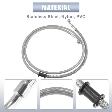 55.12 Inch Stainless Steel Braided Motorcycle Brake Line With 10mm ID 28 Degree Banjo Ends For ATV Motocross And Sport Bikes Hydraulic Brake Hose Silver Tone, showing materials in stainless steel, nylon, PVC.