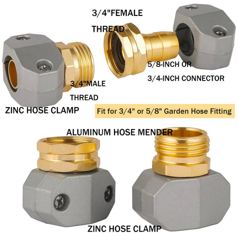 Aluminum Hose Repair Kit Set For 3/4 And 5/8 Inch Hoses With Male And Female End Fittings, zinc clamp, stainless steel screws