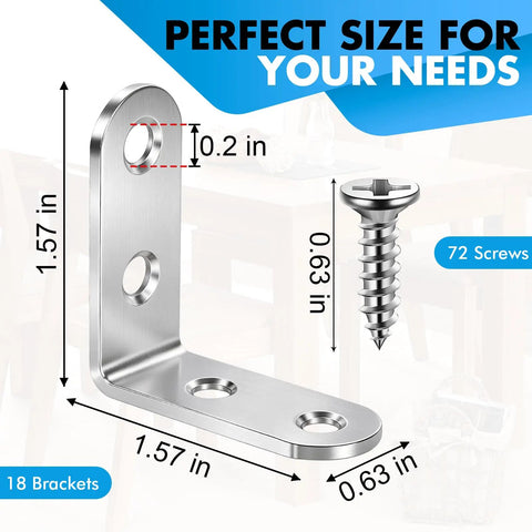 Stainless Steel L Brackets Set, 18 Pack 90 Degree Right Angle Corner Braces, dimensions labeled, includes 72 screws.