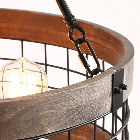 Close-up of Gray 4 Light Retro Industrial Drum Pendant Chandelier with wood accents and metal finish, showing bulb and chain detail.
