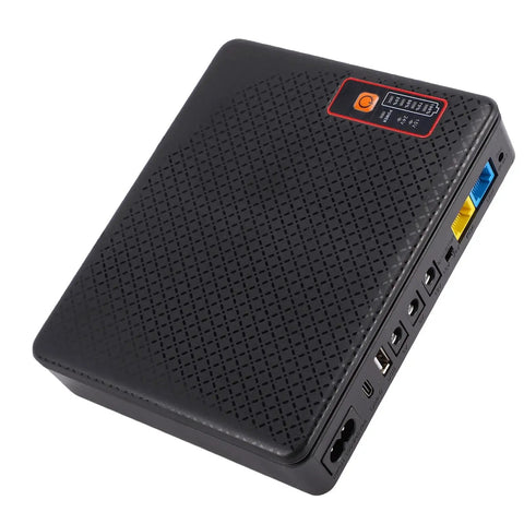 Mini Ups Battery Backup 20800 Mah For Routers And Modems Eu Plug, compact black design with multiple ports.