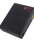 Keep Your Network Alive With This Rock Solid Mini UPS Battery Backup Packing 20800 mAh Capacity To Power Routers And Modems Through Any Grid Glitch Using Standard Us Plug For Zero Stress Internet Streaming, top view of black mini UPS battery.