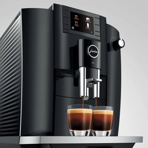 NoDrama Automatic Coffee Machine With OneTouch Espresso Brewing Milk Froth And Rapid SelfClean Design Programmable Strength Volume Controls For Smooth Daily Grinds In Piano Black with two espresso shots brewing.