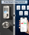 WiFi Smart Door Lock With Fingerprint And Passcode Knobs In Satin Nickel, shown with app control interface on phone.