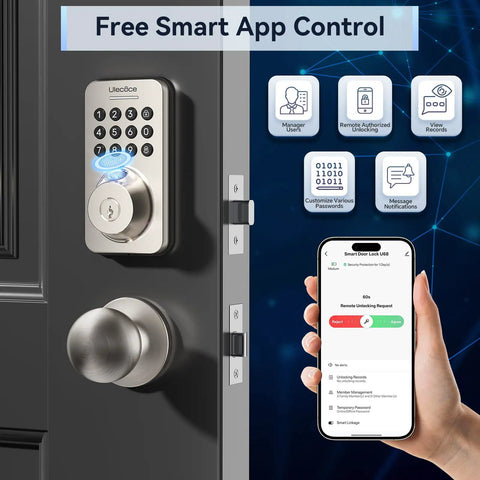 WiFi Smart Door Lock With Fingerprint And Passcode Knobs In Satin Nickel, shown with app control interface on phone.
