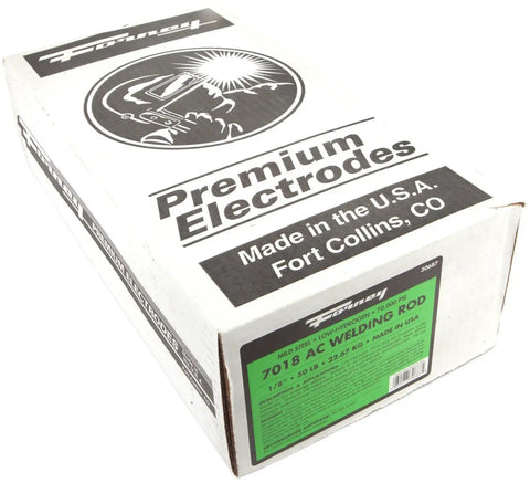 Box of 7018 AC welding rod with product label, 1/8 inch size, 5 lb pack, showing Made in USA details and focus keyword: E7018 AC Welding Rod One Eighth Inch, 5 Pound Pro Grade Low Hydrogen Arc Weld Wire For All Position Welding, Easy to Use with Light Spatter, Excellent Bead Contour, Self Cleaning Slag, Works on AC and DC Plus.