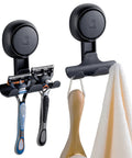 2 Pack Suction Cup Shower Razor And Bathroom Accessory Holder for towel loofah and shaver, no drill mount, wall hooks installed in shower