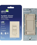 Super Smooth Glide Flicker Free LED Dimmer Wall Switch For 150 Watt Leds Halogen And Incandescent Fixtures Light Almond packaging and product view.