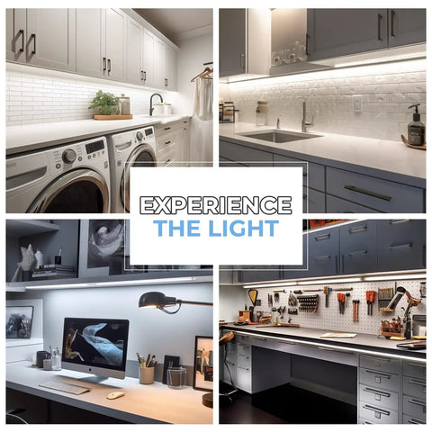 Collage showing Hand Wave Activated Under Cabinet LED Lighting Kit 3 Pack 12 Inch Dimmable Touchless for kitchen, office, and garage.