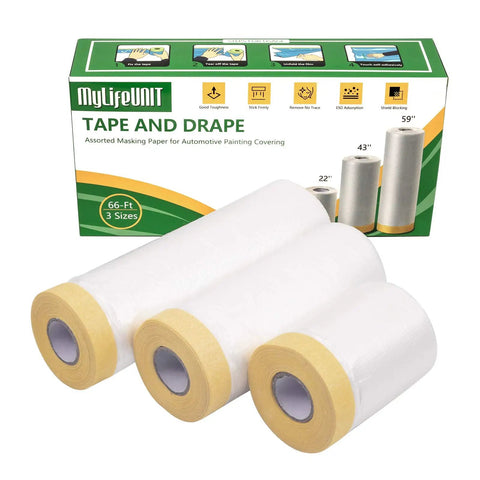 Tape And Drape Set For Automotive Painting Coverage, Pro Grade Assorted Masking Paper With Lightweight Tear Resistant Film, 66 Feet Total, Three Sizes For Auto And Home Projects, Protect Surfaces From Dust, Pigment, And Spatter.