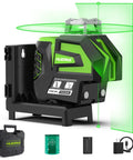 Self Leveling Green Cross Line Laser Level With 360 Degree Horizontal Beam And 140 Degree Vertical Plumb Dots Rechargeable Battery
