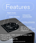 Features of Mini Evaporative Air Cooler For Desk And Camping With Smart App Control, including touchscreen and removable 1300 ml water tank.
