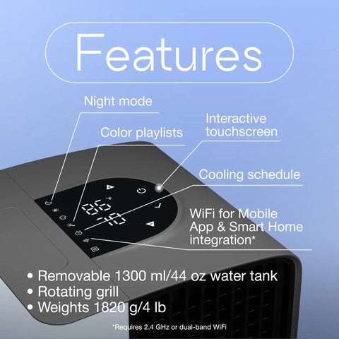 Features of Mini Evaporative Air Cooler For Desk And Camping With Smart App Control, including touchscreen and removable 1300 ml water tank.