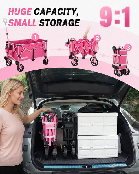 38 Inch Long Foldable Wagon Hauler With 360 Lb Load Capacity for Grocery Runs Camping and Beach Trips in a car trunk