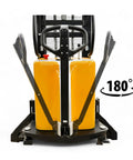 Semi Electric Wide Leg Pallet Stacker With 3307 Lbs Load Capacity And 138 Inch Lift Height adjustable fork design and control handle.