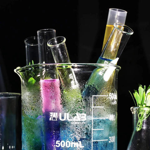 500ml Beaker Set For Lab Work, 3.3 Borosilicate Glass, Griffin Low Form With Printed Graduation, Pack Of Four, beaker with test tubes