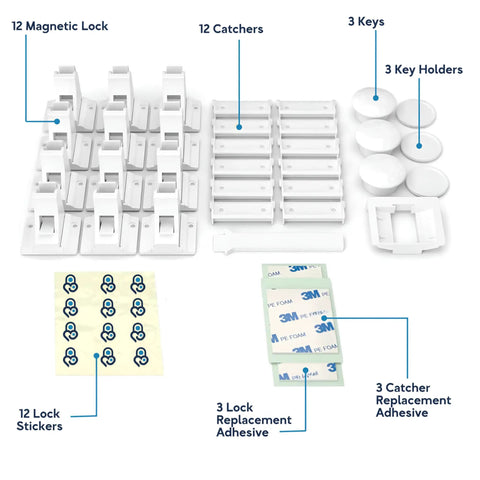 12 Pack Magnetic Cabinet Locks With Keys For No Drill Child Safety Locks For Cabinets And Drawers With 3M Adhesive Easy Install Kid Proof Toddlers Keeps Chemicals Knives And Meds Out Of Reach, showing locks, keys, and adhesives.