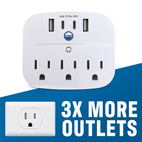 Non Surge Cruise Power Strip With Two USB C Ports, Two USB A Ports, And Three AC Outlets, Cruise Ship Compliant For Carnival, Celebrity.