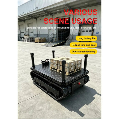 Motorized Heavy Equipment Mover With Remote Control For Machinery Transport And Industrial Duty Dolly Versatile Carrier For Lifting Pushing And Positioning Heavy Machinery Safely, black tracked platform with pallet load