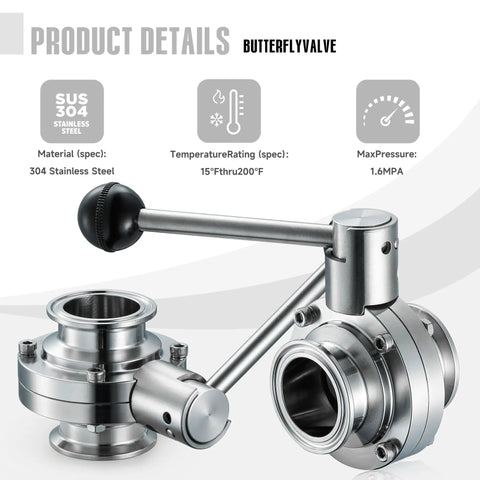 304 stainless steel 2 Pack 1 Inch Tri Clamp Butterfly Valve with manual pull handle for homebrew dairy food beverage