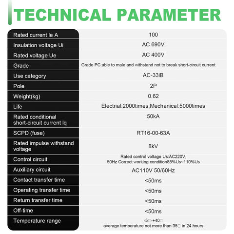 Technical parameters of 100Amp 110V Automatic And Manual Transfer Switch For Home Use, Mini ATS 2Pole W2R Dual Power Changeover.