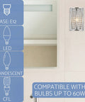 9-Inch Modern Chic Crystal Wall Sconce With Dangling Faceted Glass Crystals, Rounded Chrome Metal Frame, shown in a bathroom area