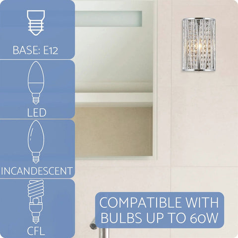 Wall-mounted light with crystal design showing bulb types; compatible bulbs: E12 base, LED, incandescent, and CFL up to 60W.